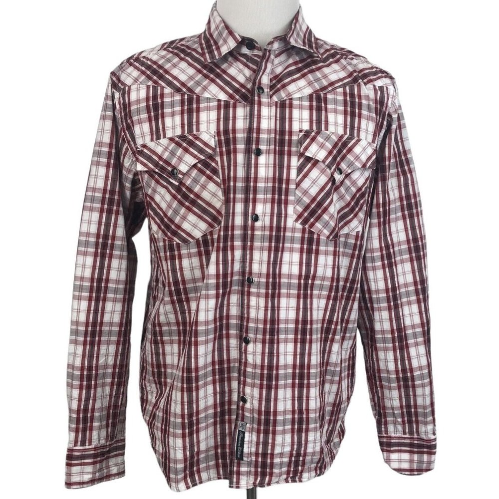 Southpole Shirt Mens Large L Plaid Red White Western Cowboy‎ Button Long Sleeve
